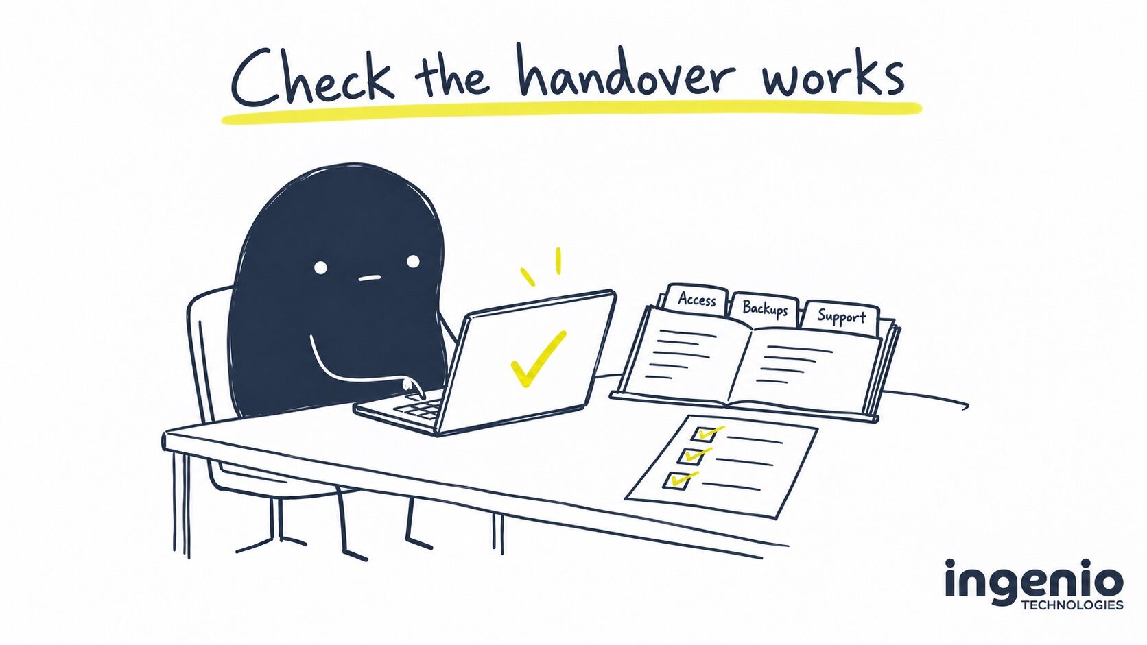 Ingi checking working IT systems against a handover checklist